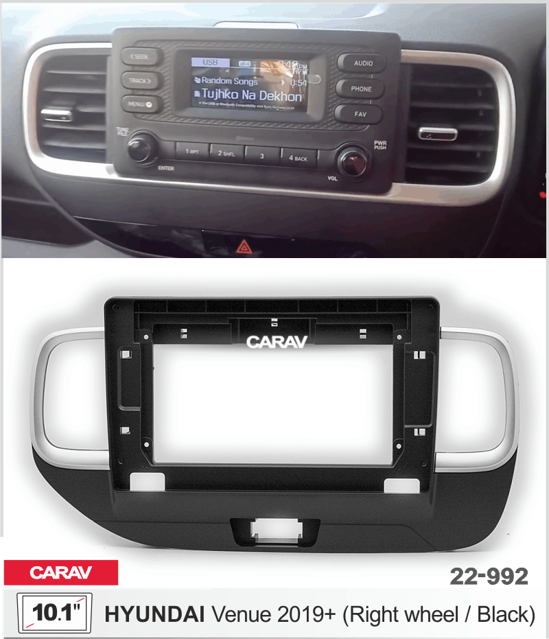 Переходная рамка 10 дюймов на HYUNDAI Venue 2019+ (Правый руль/Черный) CARAV 22-992 22-992