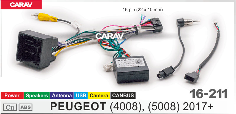 Комплект проводов PEUGEOT 4008 5008 2017+ Power+Speakers+Antenna+USB+Camera+CANBUS 16-211 16-211